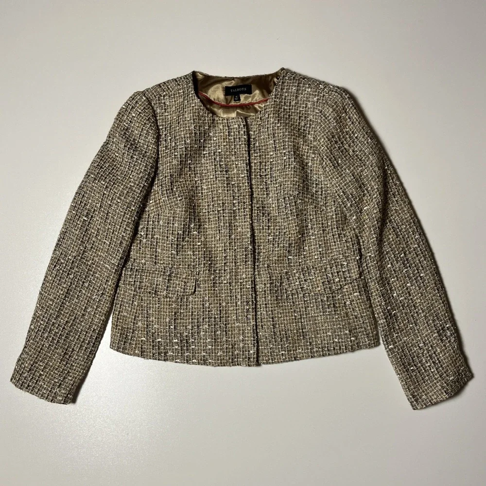 Talbots Tweed Jacket Size 12 Brown & Metallic Woven Full Zip Lined Career Blazer